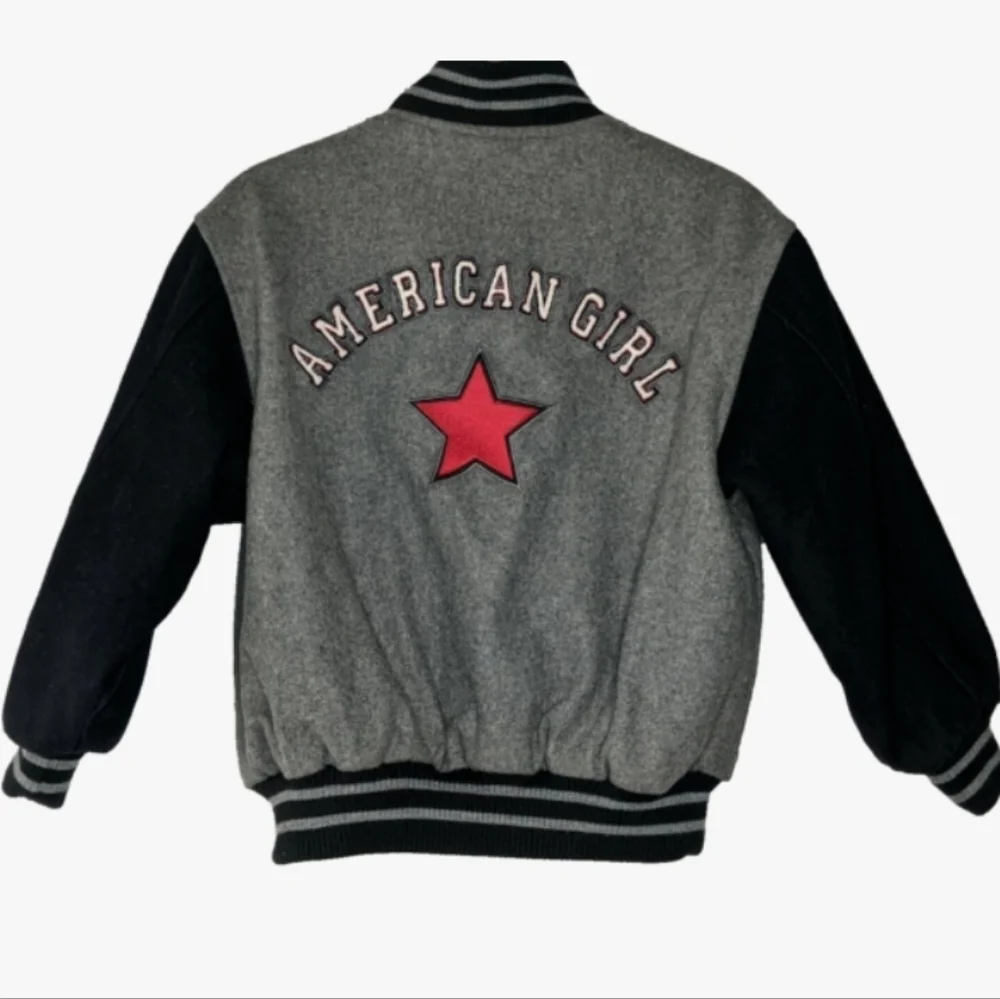 American Girl Varsity Jacket Embroidered Logo Gray Black Wool Blend Girls MEDIUM
